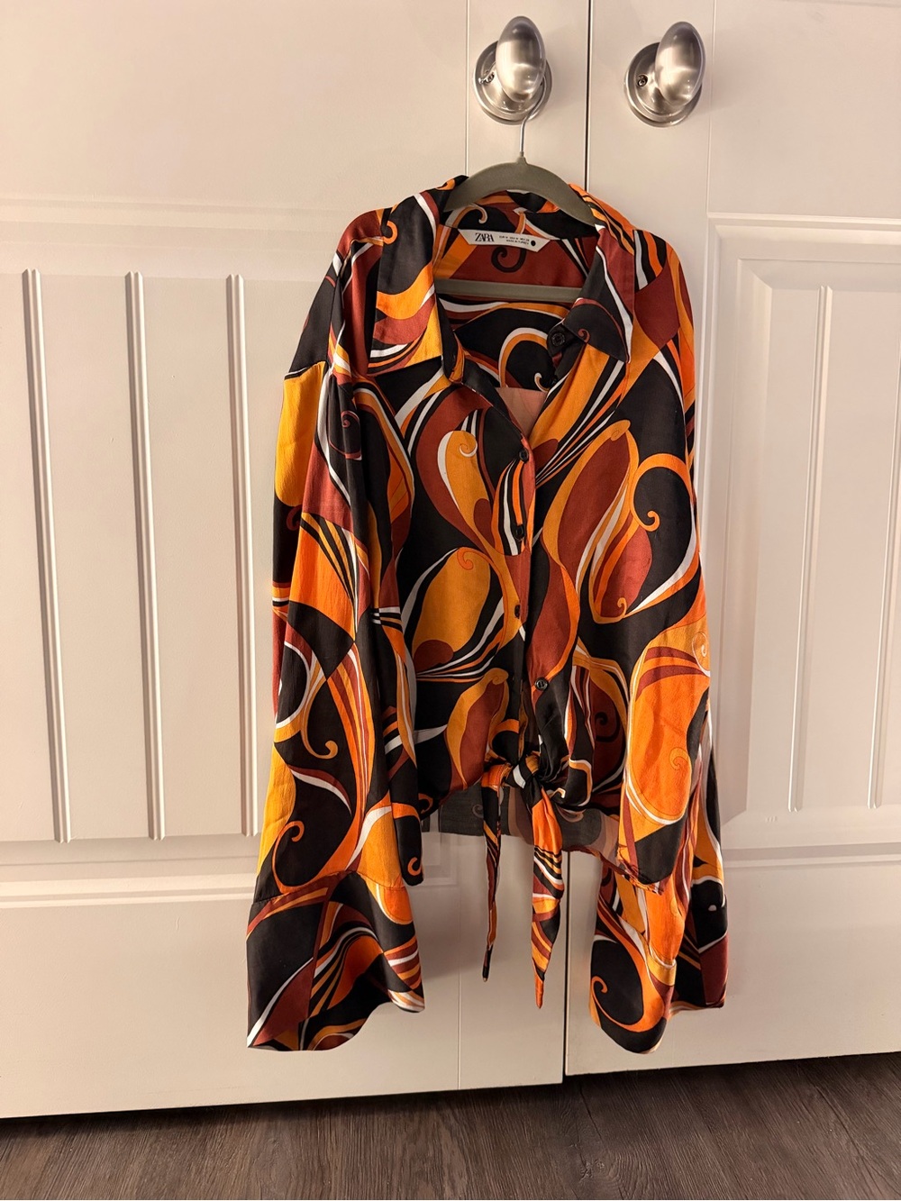 ZARA Printed Button-Up Shirt in Black, Orange & Brown